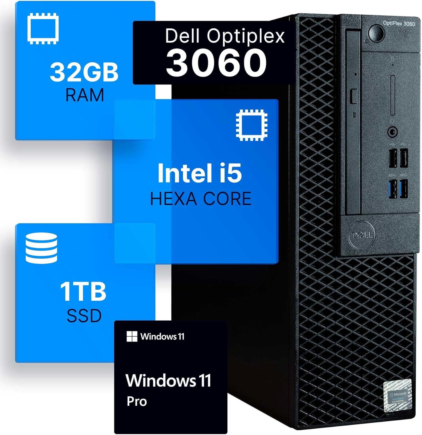 Dell OptiPlex 3060 Desktop Computers Windows 11 Pro, Hexa Core i5-8500 Up to 4.1Ghz,32GB DDR4,1TB M.2 NVMe SSD+1TB HDD,Built-in WiFi, Small Form Factor