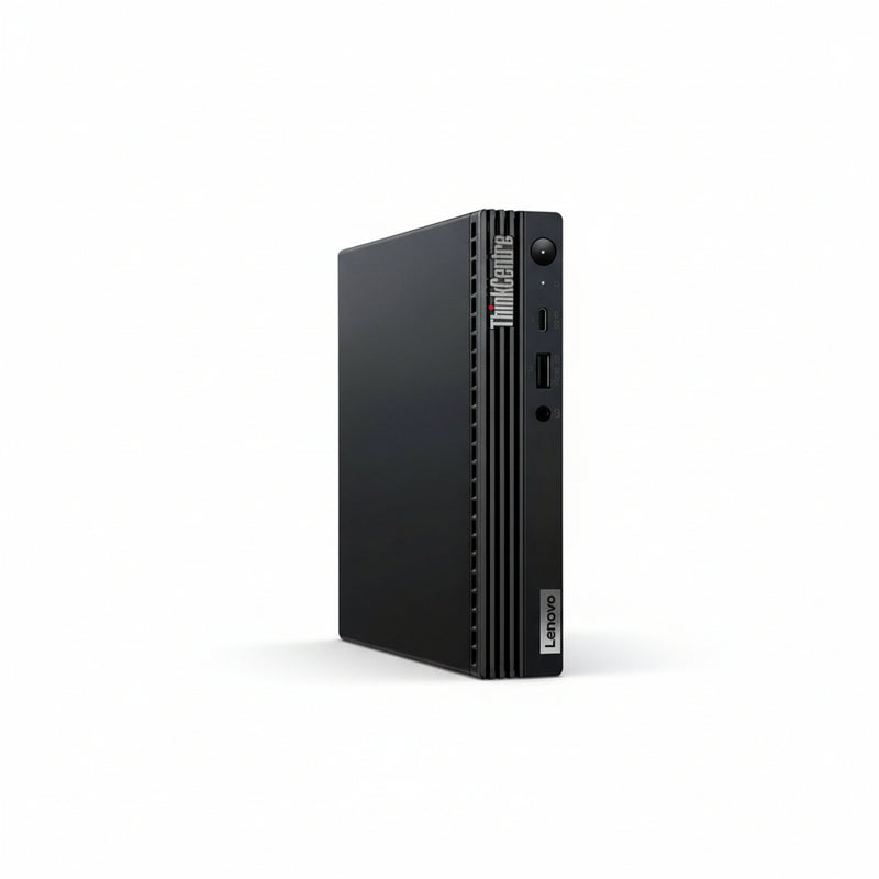 Black Lenovo ThinkCentre desktop computer on a white background