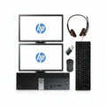 HP computer setup with monitors, keyboard, mouse, and headset on a white background