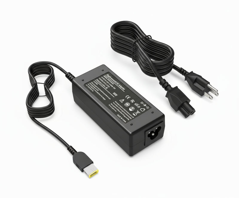 A black Lenovo laptop power adapter with a yellow square USB tip and two-pronged plug, alongside a power cord.