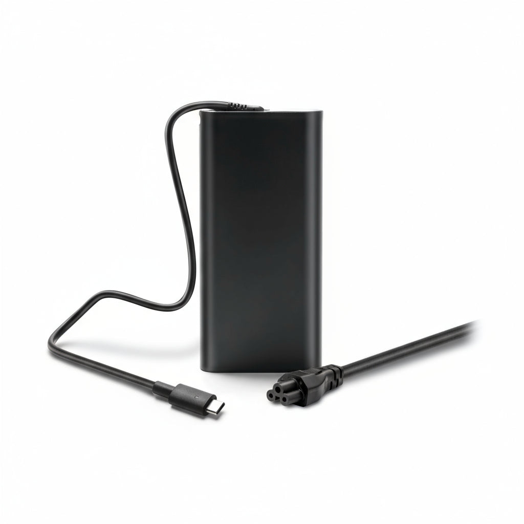 A black Dell USB-C charger with cable and connector.
