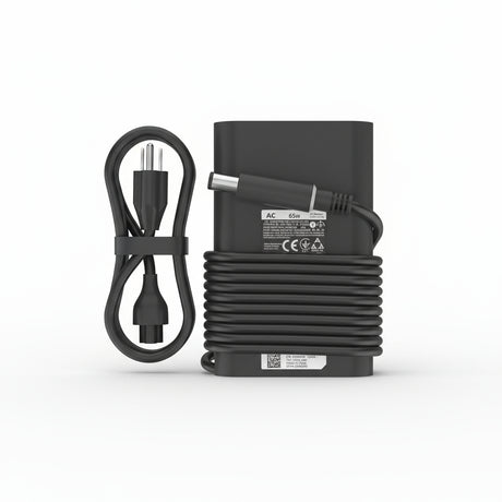 A black Dell laptop charger with a power cord and a 7.4mm tip.