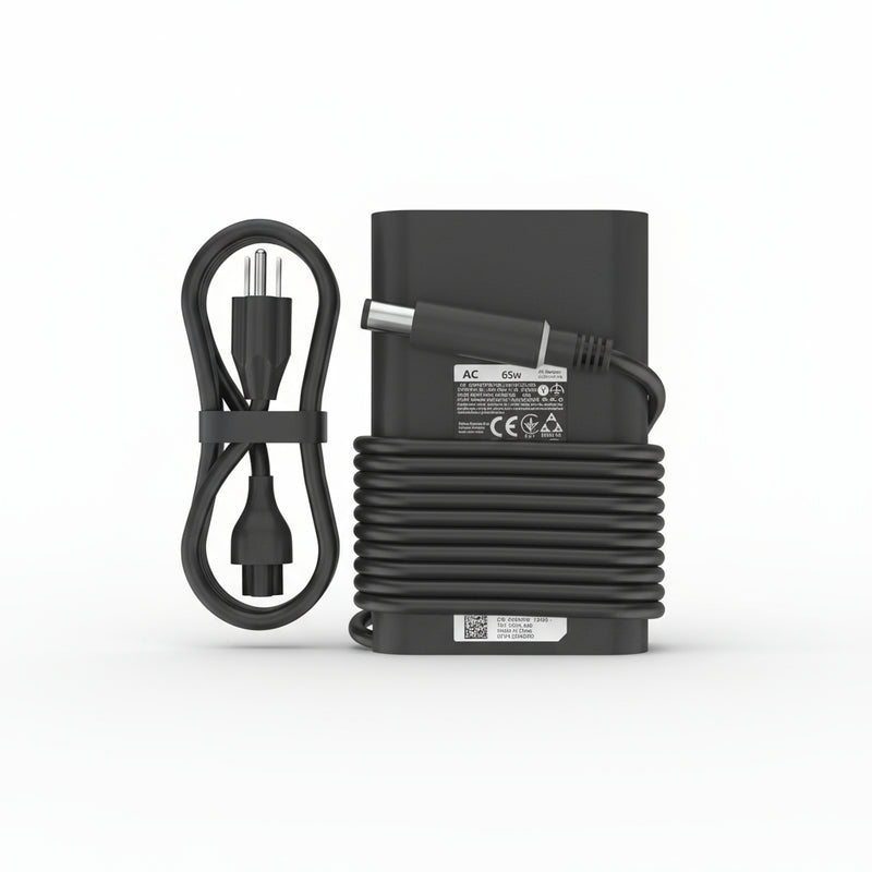 A black Dell laptop charger with a power cord and a 7.4mm tip.