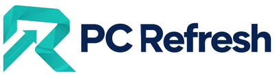 Digital graphic featuring the text 'PC Refresh' in dark blue with a glowing cyan outline, alongside a stylized teal logo, on a transparent checkerboard background. Small gray text in the upper left reads '01 / LOOP'.