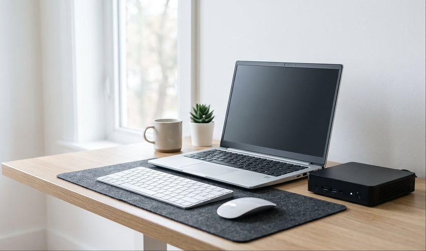 Refurbished laptop, monitor and desktop on a modern desk