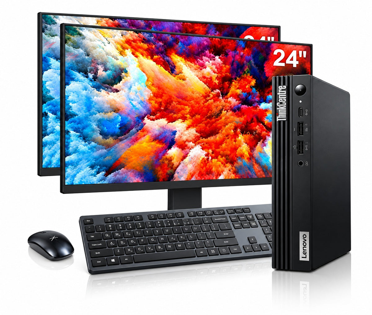Lenovo ThinkCentre M75q Gen 2 Tiny front view with Doual monitor