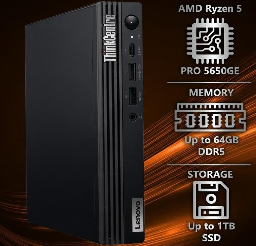 Lenovo ThinkCentre M75q Gen 2 Tiny front view with configuration written