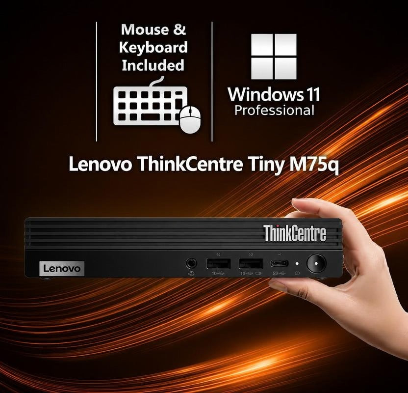 Lenovo ThinkCentre M75q Gen 2 Tiny front view with front ports and window 11 tag