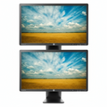 Two HP monitors displaying a scenic view of a field and blue sky.