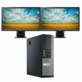 Dell computer tower with dual monitors displaying a scenic view.