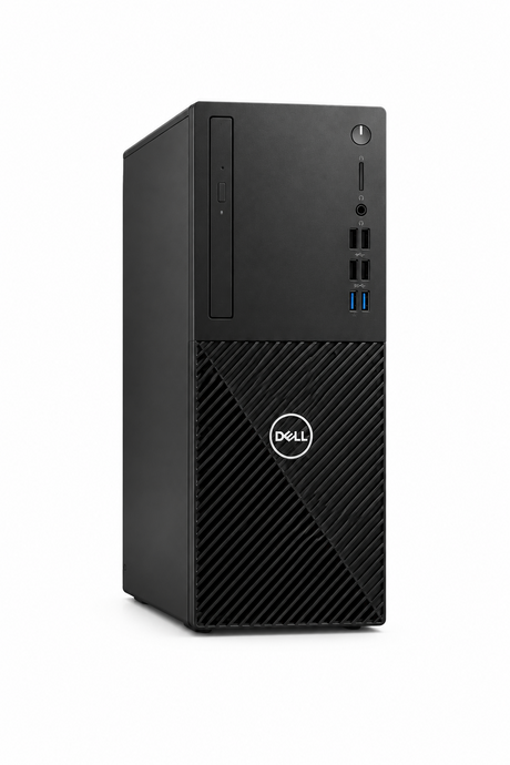 Dell desktop computer setup with a black monitor, keyboard, mouse, and tower on a clean white background. The monitor displays the Windows 11 blue wallpaper.