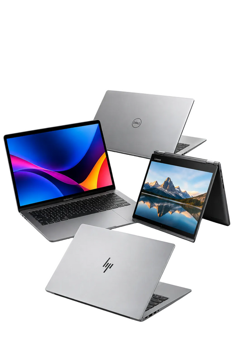A promotional collage showing multiple silver laptops on a clean white background, including open Dell and HP laptops, one in landscape orientation, and large text reading 'LAPTOP COLLECTION' with the words 'Work / Create / Play'.