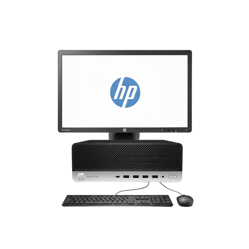 HP desktop computer with monitor, keyboard, and mouse on a white background